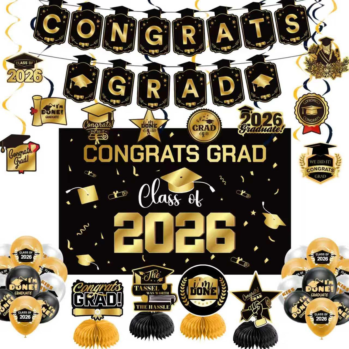 Zerunyiw graduation banner CONGRATS GRAD creates a bold photo focal point.