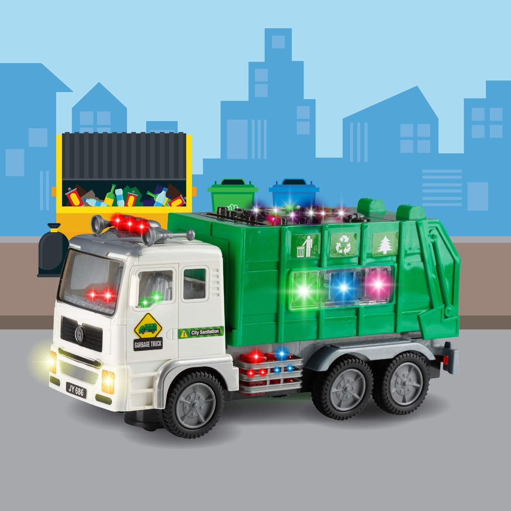 Zetz Brands trash truck featuring recycle stickers and early environmental themes