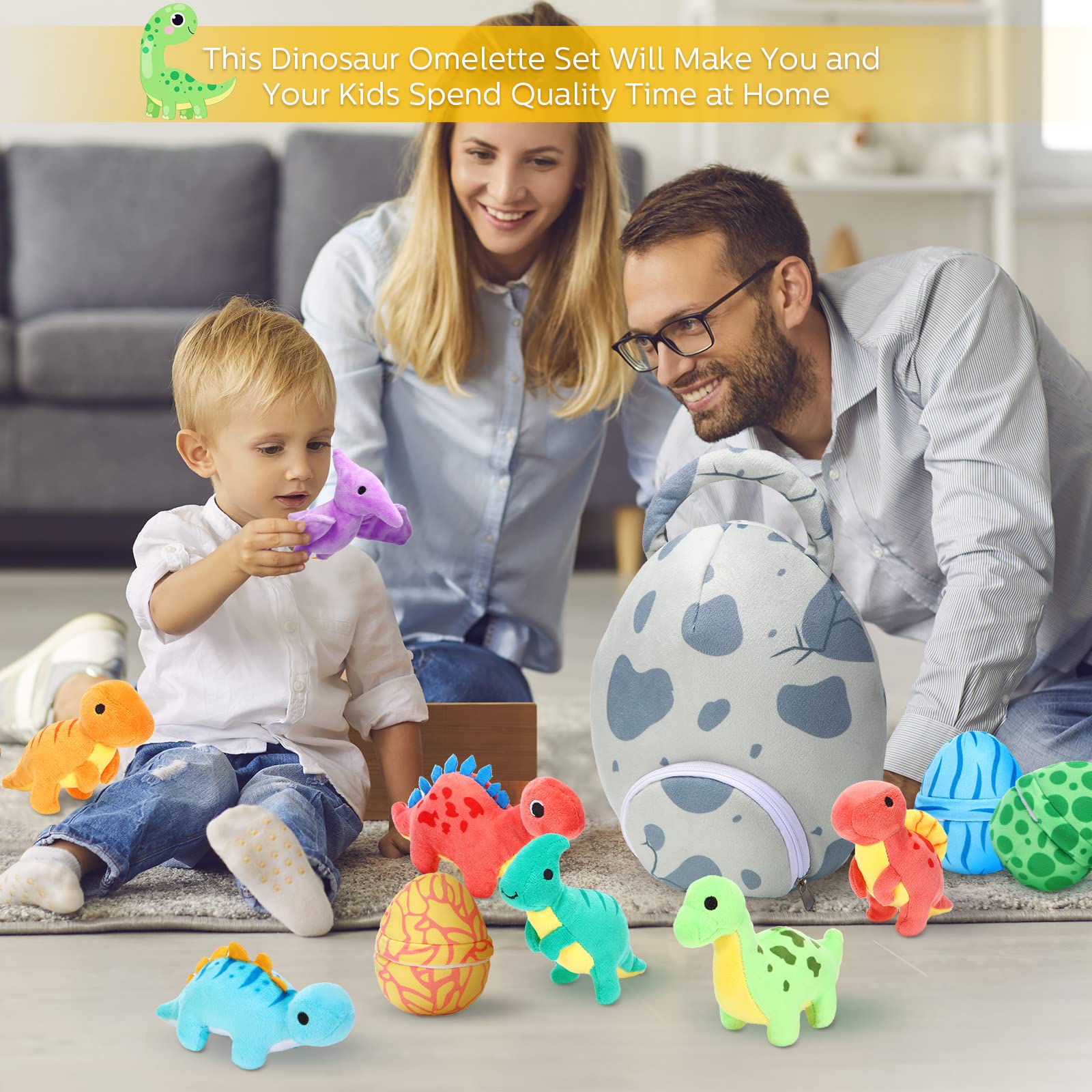 Zhanmai dinosaur plush set on display, great for gifting.