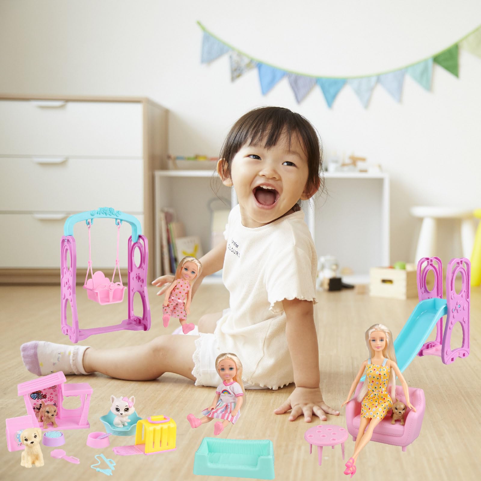 ZHENYETAI pet house with dogs and cats encourages caring pretend-play at home.