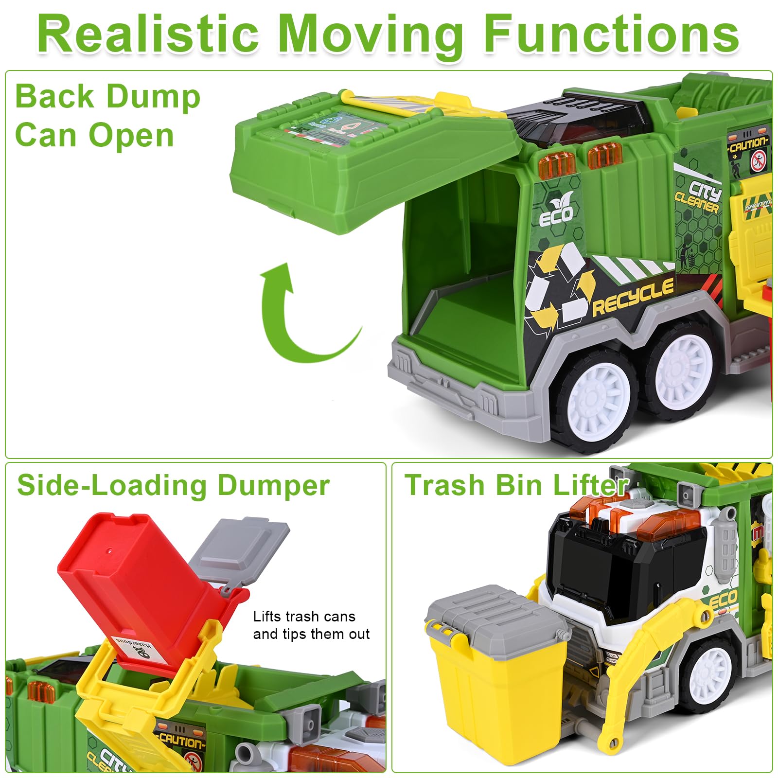 ZHFUYS garbage truck toy side-lift showing interactive sorting play.