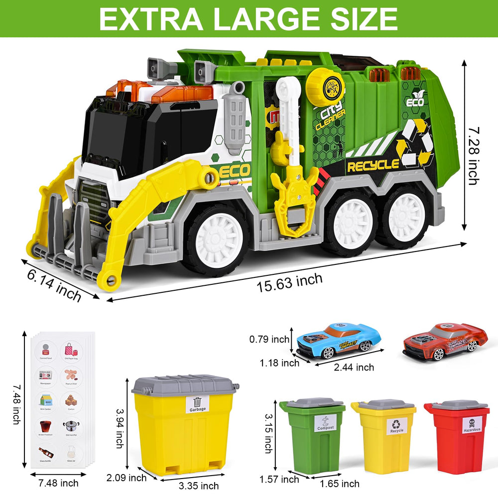 ZHFUYS garbage truck toy side view highlighting durable ABS construction for long-lasting fun.