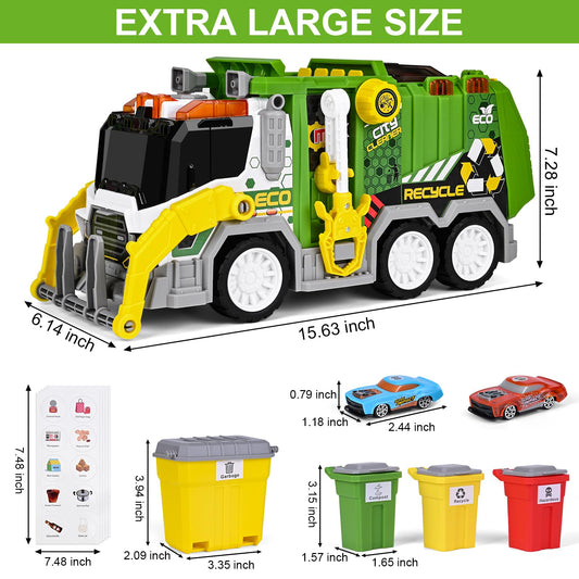 ZHFUYS garbage truck toy side view highlighting durable ABS construction for long-lasting fun.