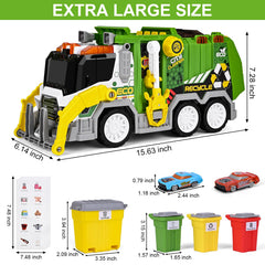 ZHFUYS garbage truck toy side view highlighting durable ABS construction for long-lasting fun.