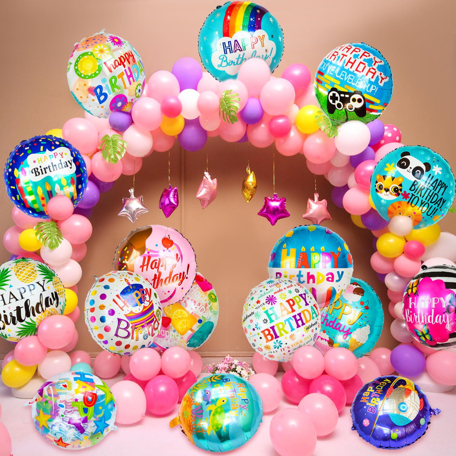 ZHWKMYP 100-piece Mylar balloon set featuring 20 styles for diverse themes.