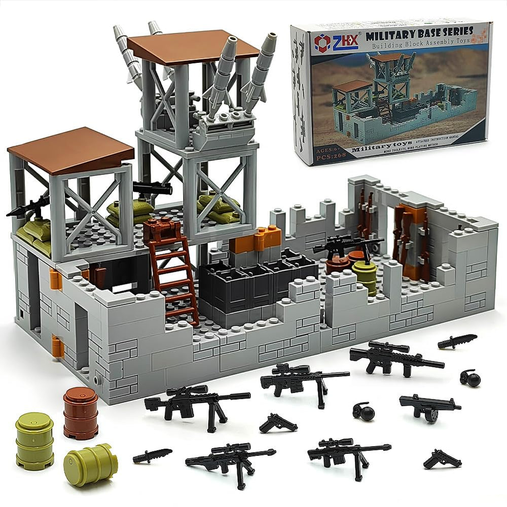 ZHX military base building brick set front view for modular play.