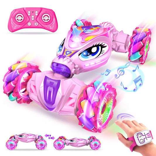 ZHYLLO Unicorn RC car pink front view with lights for indoor play