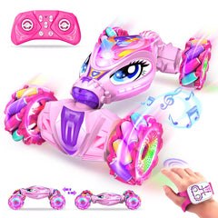 ZHYLLO Unicorn RC car pink front view with lights for indoor play