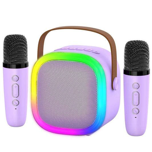 Zicor karaoke machine with two wireless mics and LED lights for family fun.