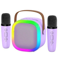 Zicor karaoke machine with two wireless mics and LED lights for family fun.