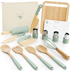 ZICOTO wooden kids cooking set assembly shows sturdy beech and bamboo tools for safe play