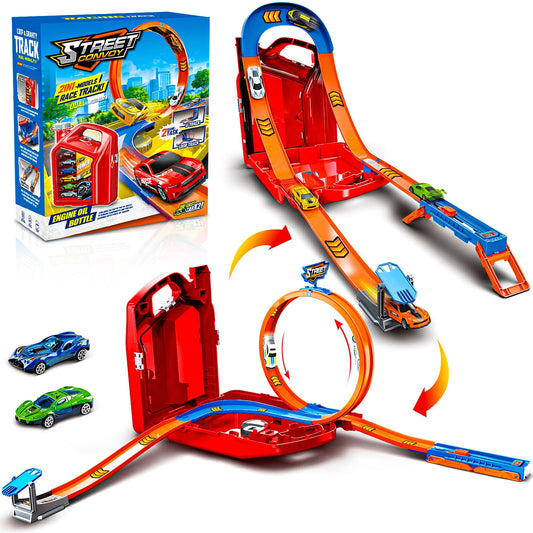 Zikhoobusik race track set with two cars on a red layout for active play