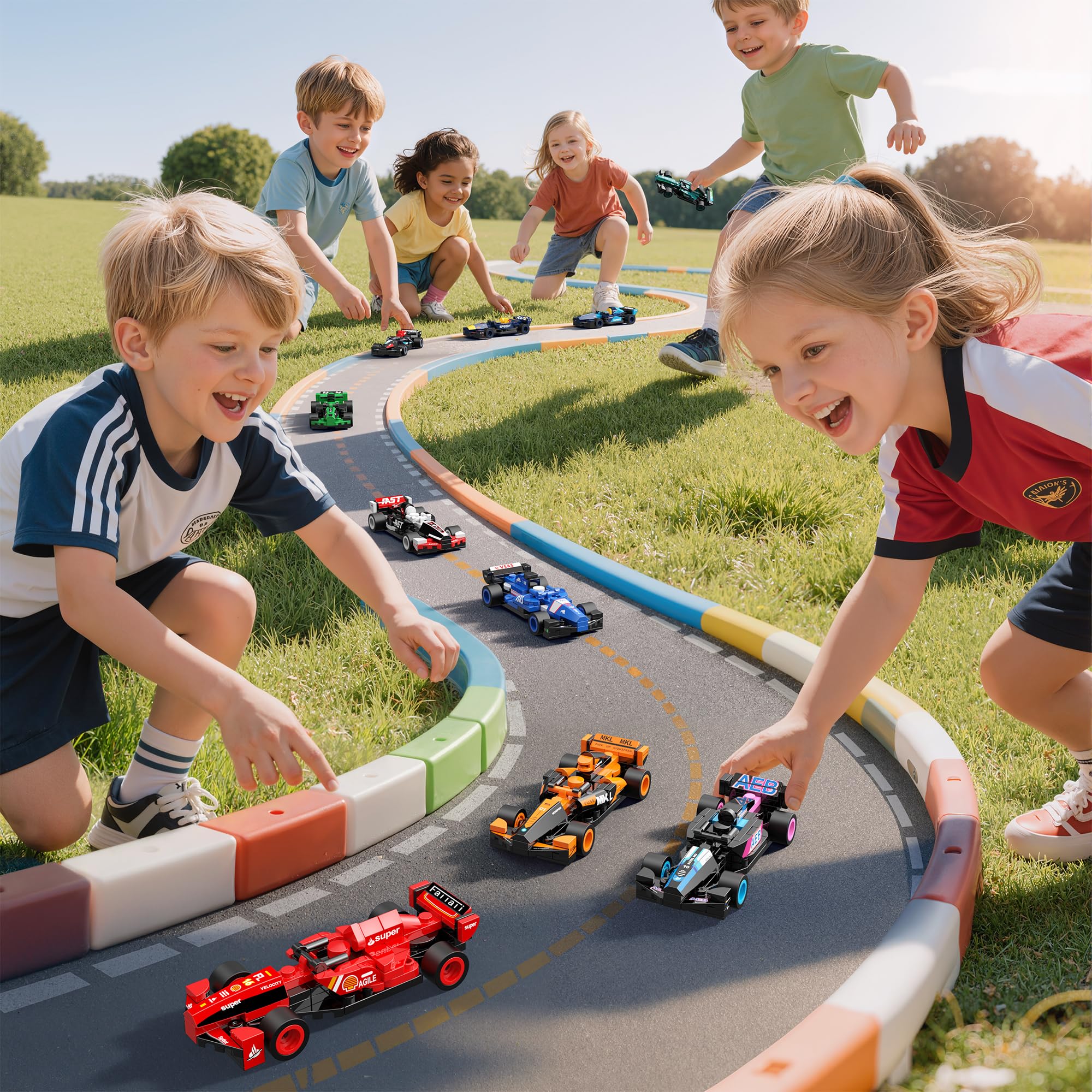 Zinat F1 race cars kids building together encourages teamwork