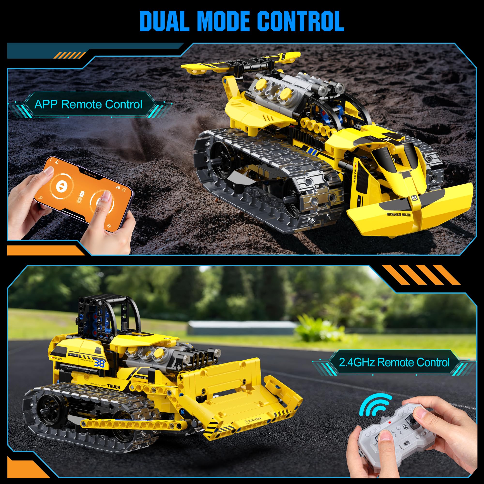 Zinat remote-control bulldozer in action on indoor terrain boosts dexterity.