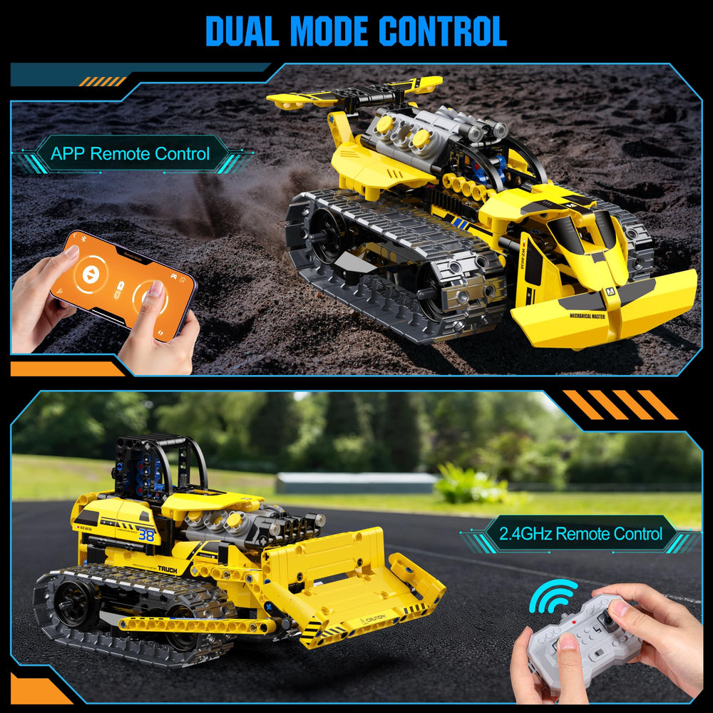 Zinat remote-control bulldozer in action on indoor terrain boosts dexterity.