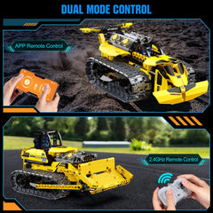 Zinat remote-control bulldozer in action on indoor terrain boosts dexterity.