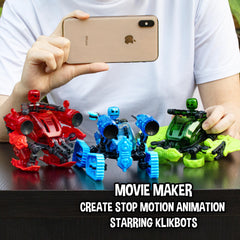 Zing Klikbot Megabots with Stikbot Studio app for home animation.