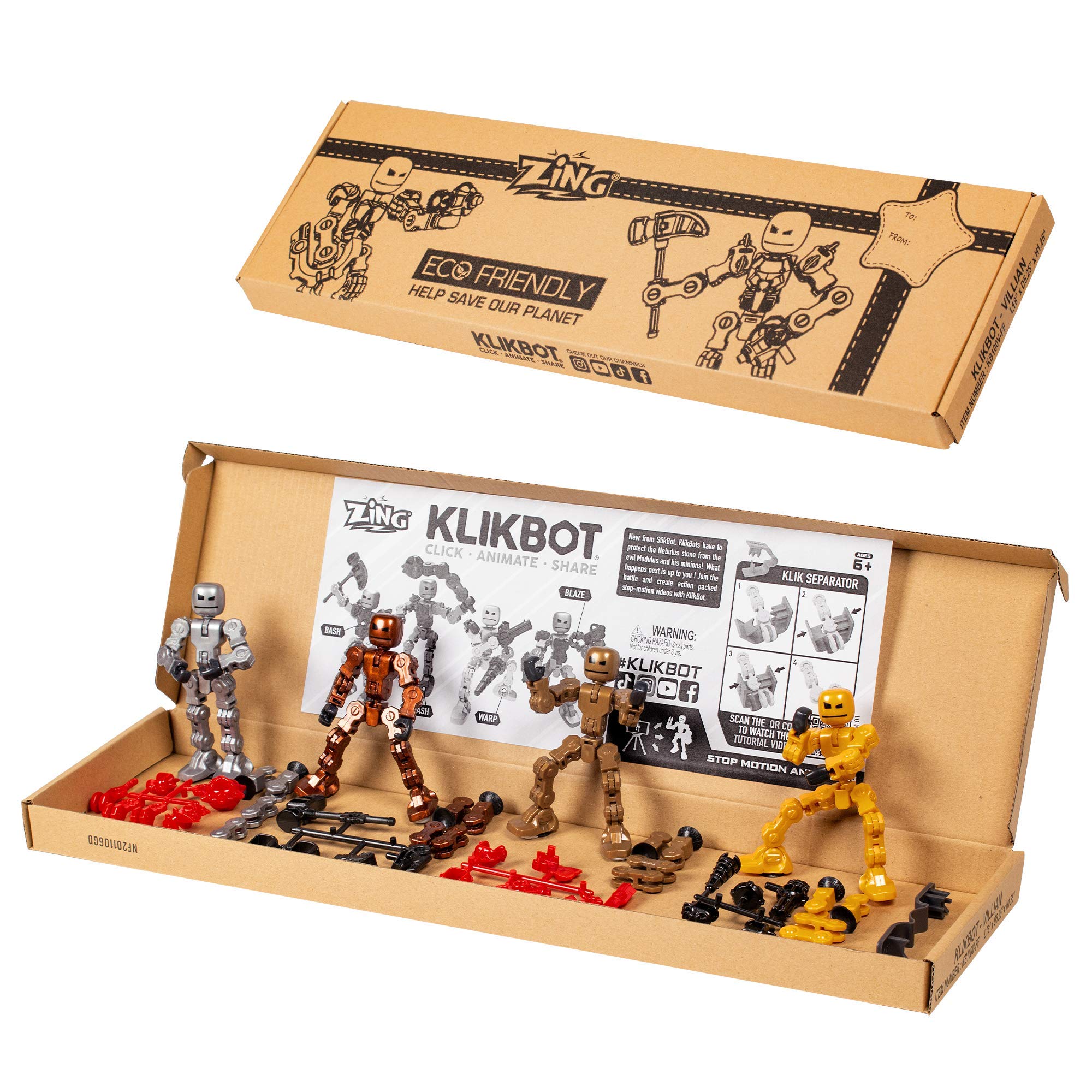 Zing Klikbot weapons set with futuristic gear for action clips