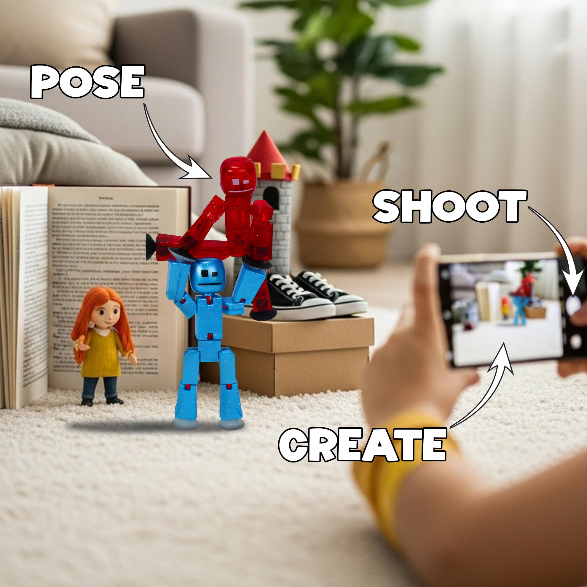 StikBot dual pack figures on a smooth surface with suction feet.