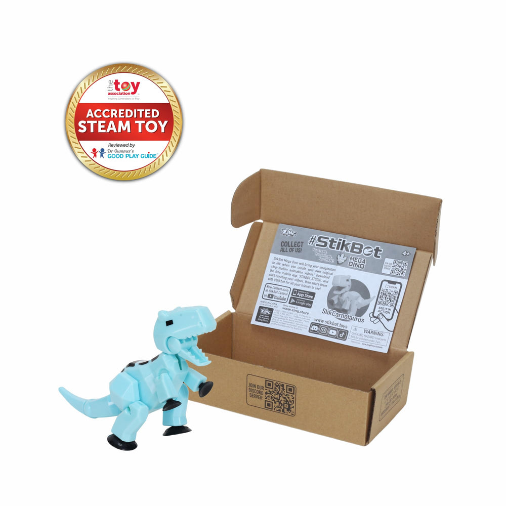 Zing StikBot Mega Dino ice blue front view showing action-ready design for stories.