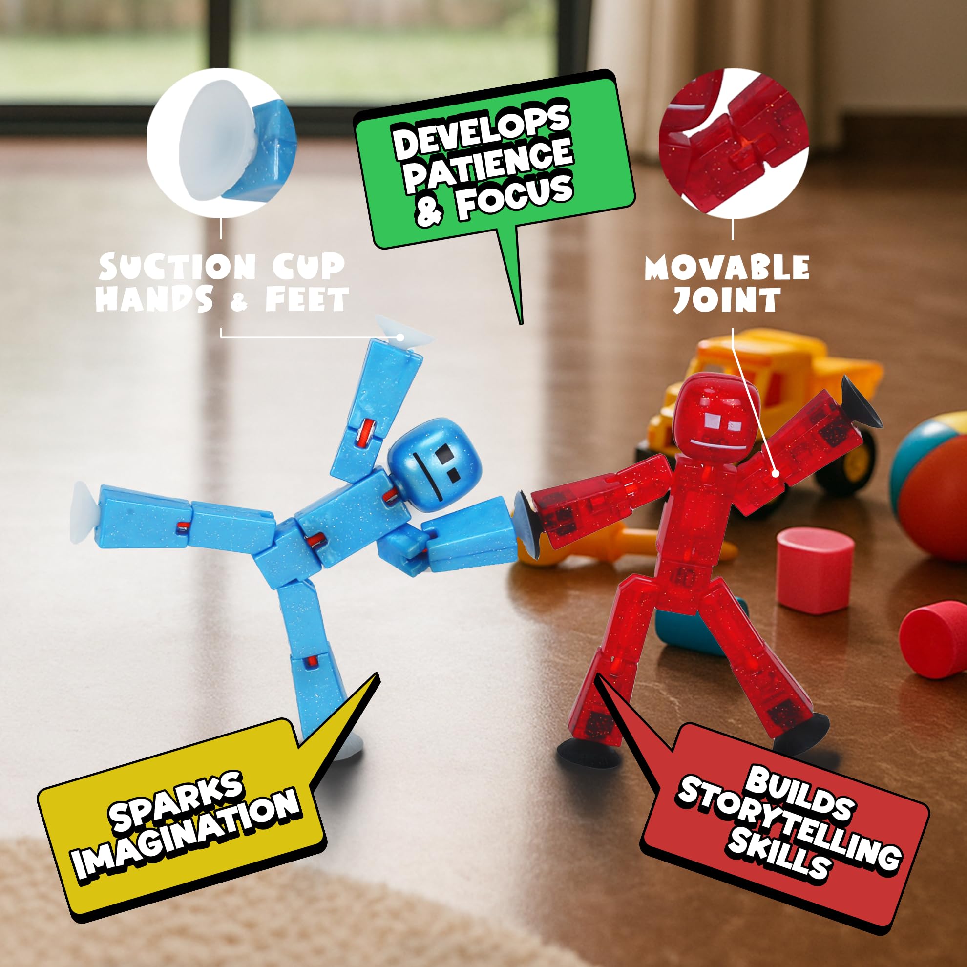 StikBot figures shown with a tripod for easy filming setup.
