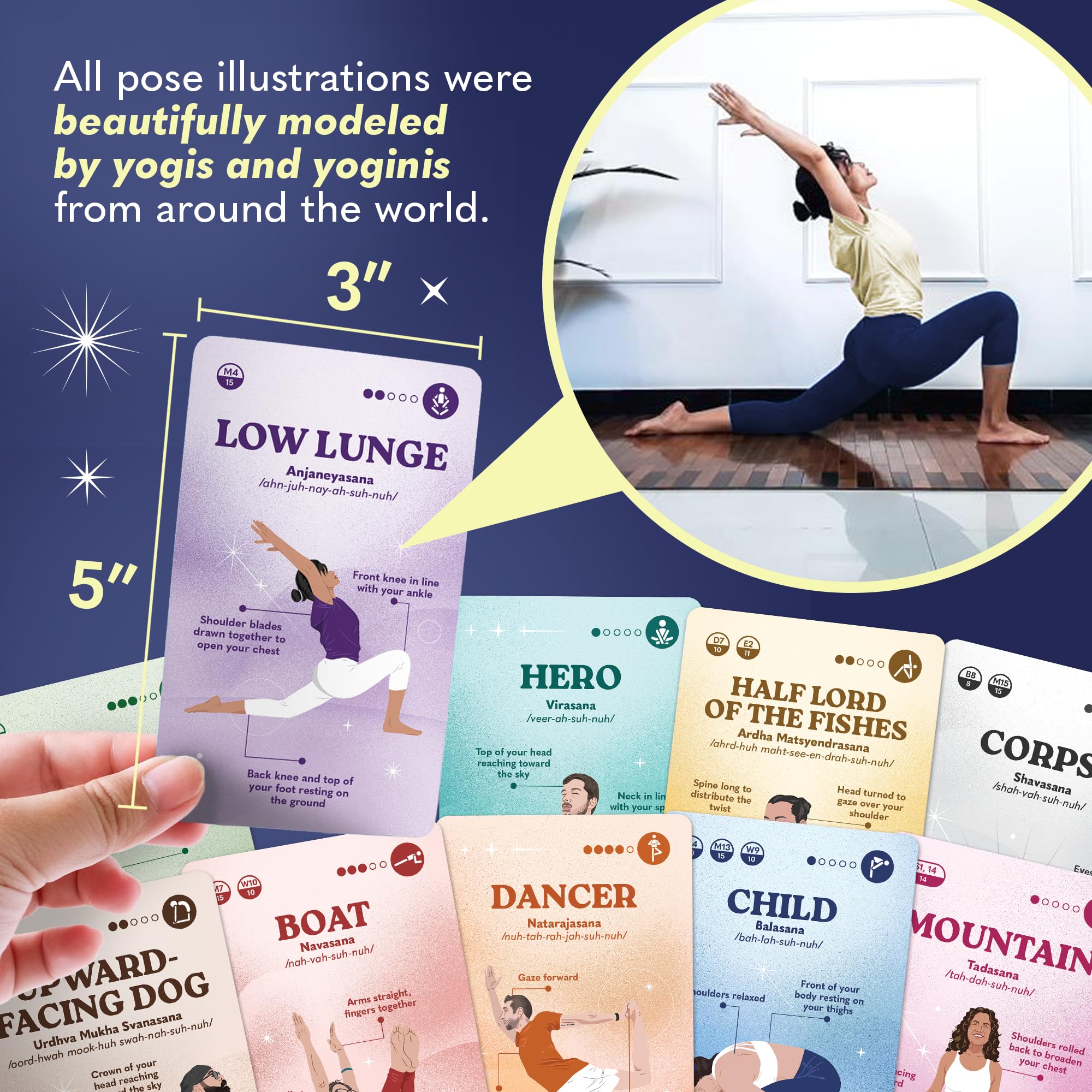 Zinsk cards illustrate beginner poses with alignment cues