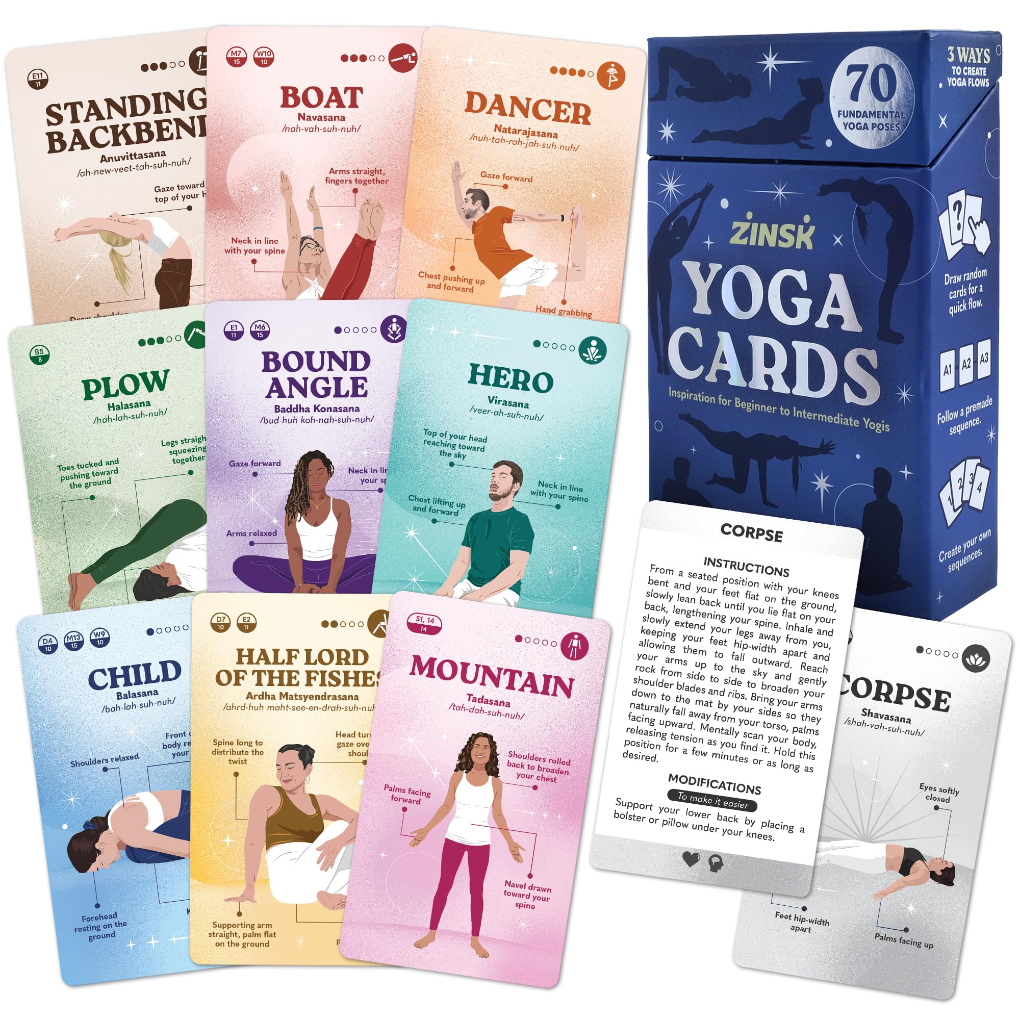 Zinsk 70 Yoga Cards spread on mat for pose planning
