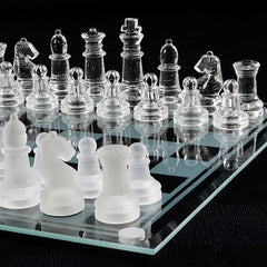 Ziphia Elegant 10-Inch Glass Chess Set centerpiece enhances table decor.