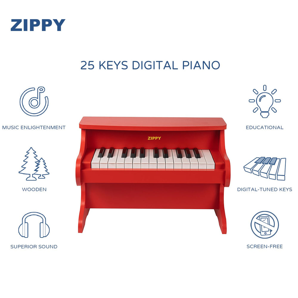 ZIPPY Kids Piano side view highlights sturdy MDF build and retro wooden finish.
