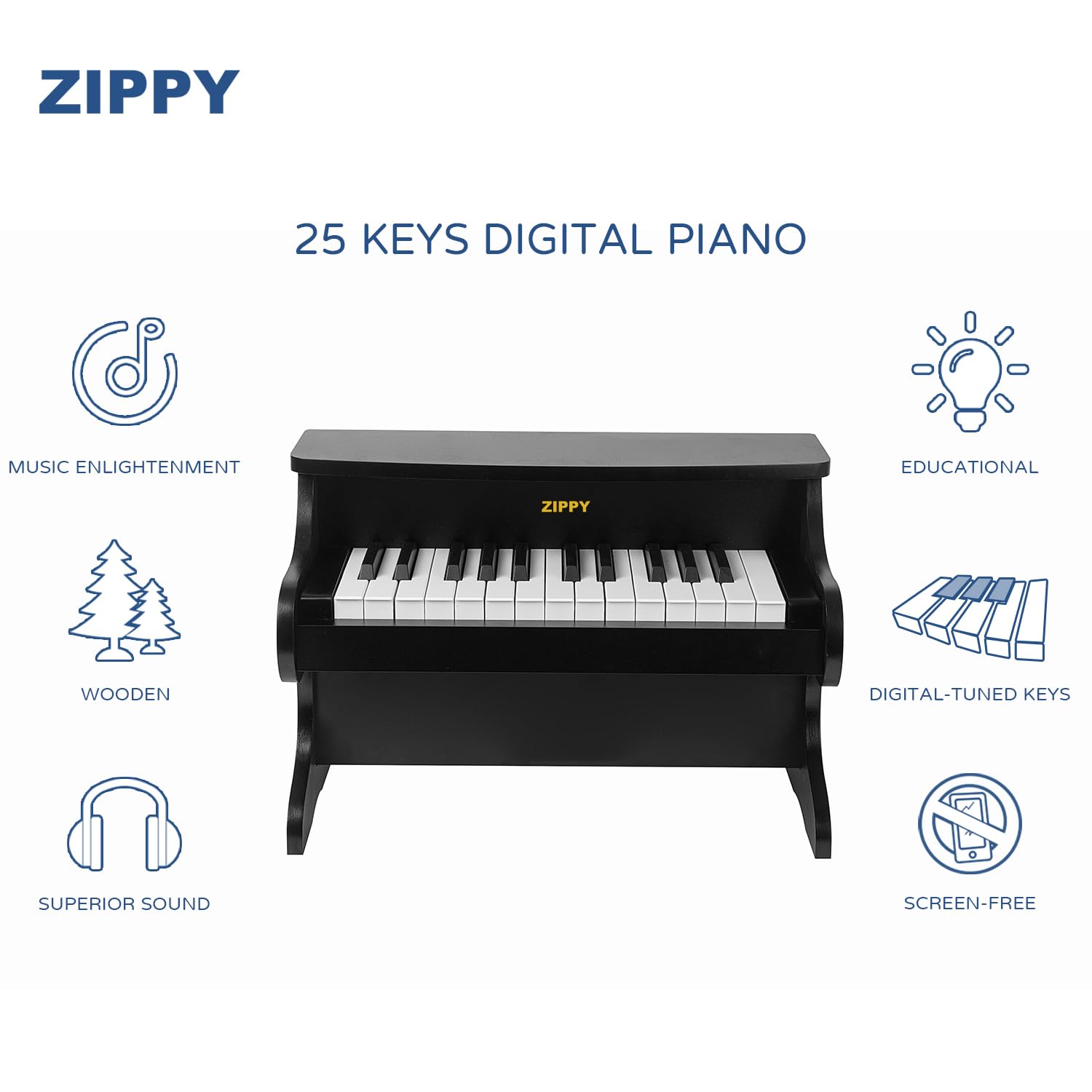 ZIPPY Kids Piano wooden body highlights durable construction for long-lasting play.