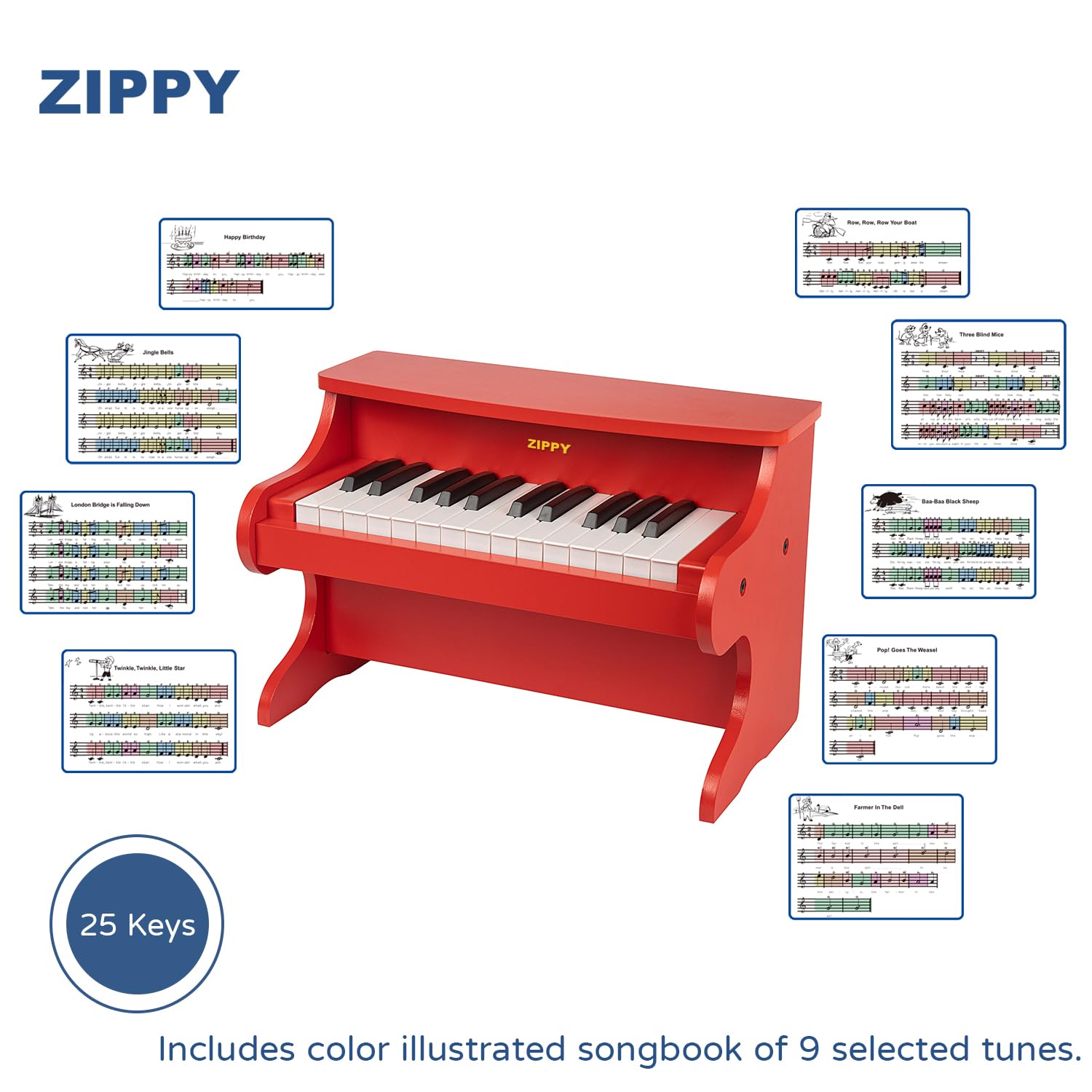 ZIPPY Kids Piano color-coded stickers included for easy learning and play.