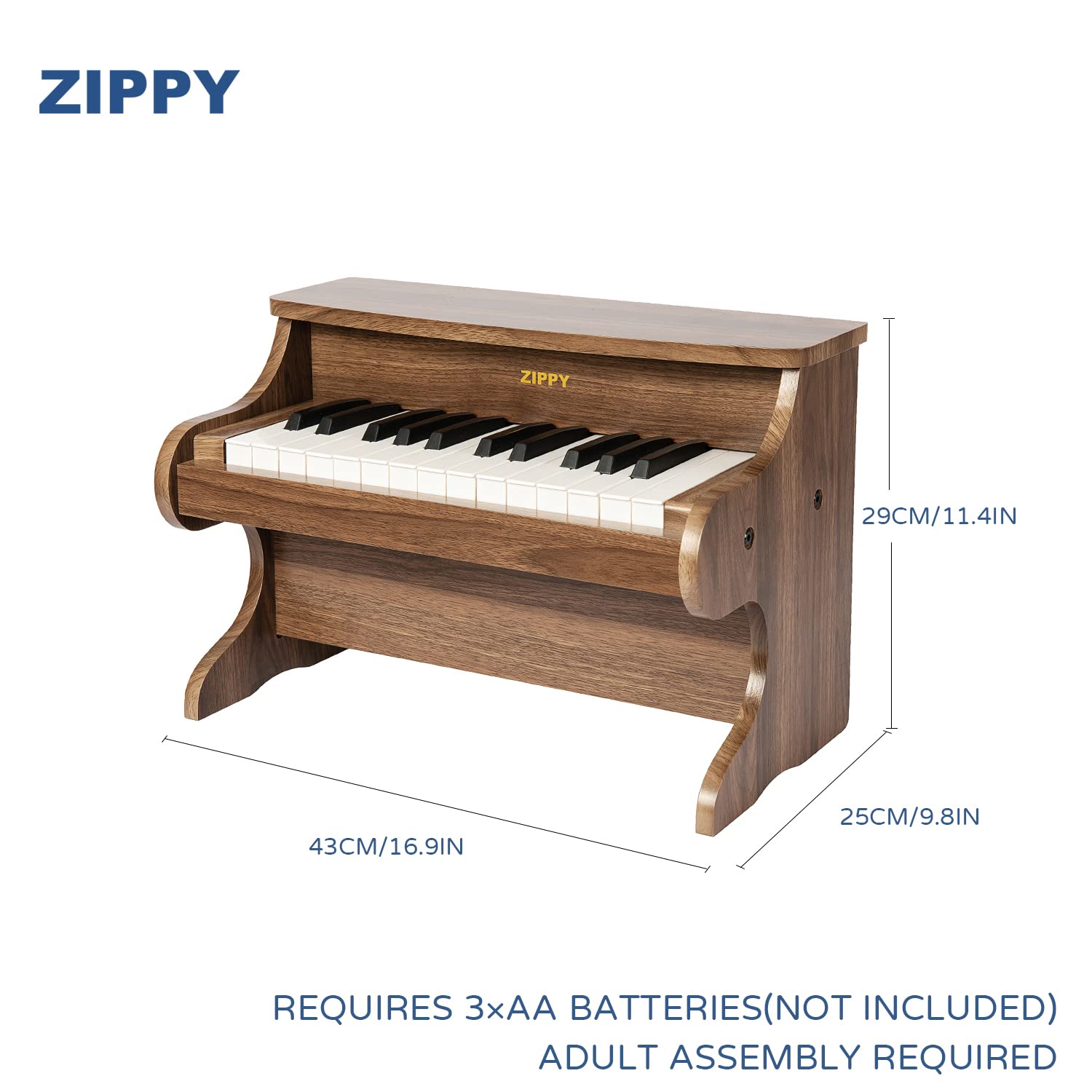 ZIPPY walnut wood piano front view highlights retro design.