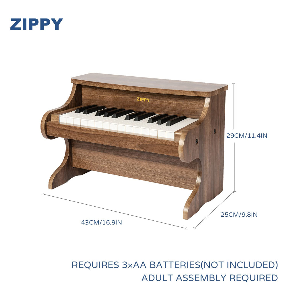 ZIPPY walnut wood piano front view highlights retro design.