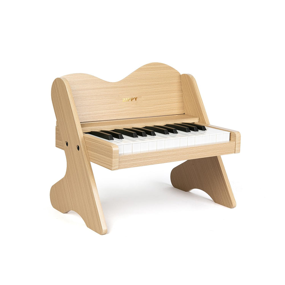 ZIPPY wooden piano front view showing 25-key oak design for durable, kid-friendly play