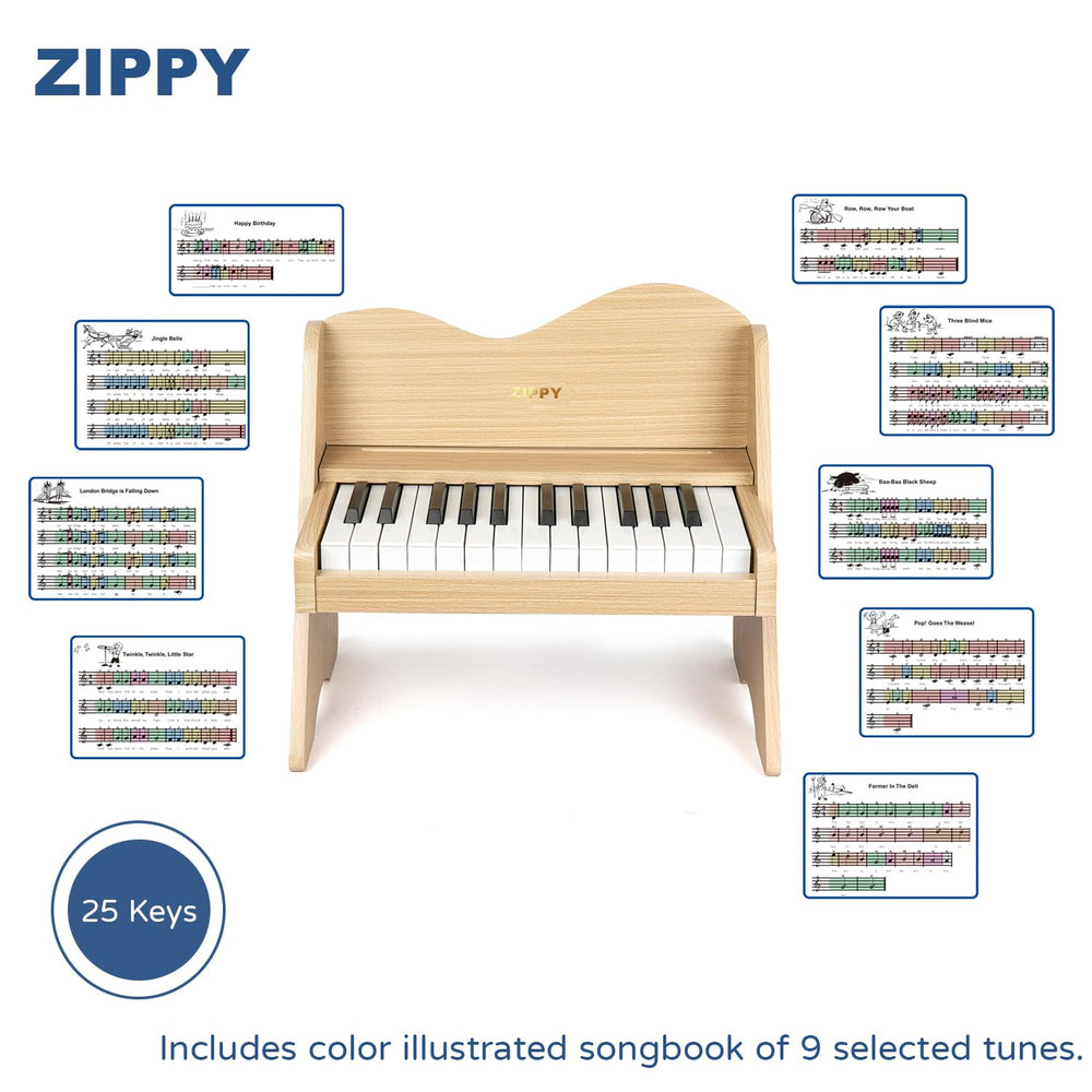 ZIPPY keyboard stickers on the keys aiding kids to match notes during play