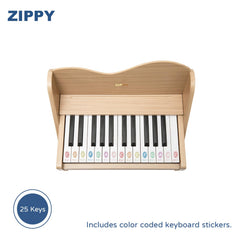 ZIPPY oak-finish piano emphasizing warm, sturdy wood toy aesthetics