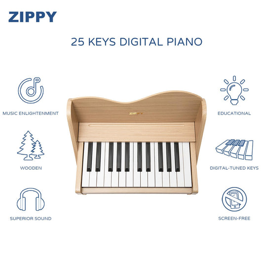 ZIPPY wooden piano side view highlighting compact size and retro charm