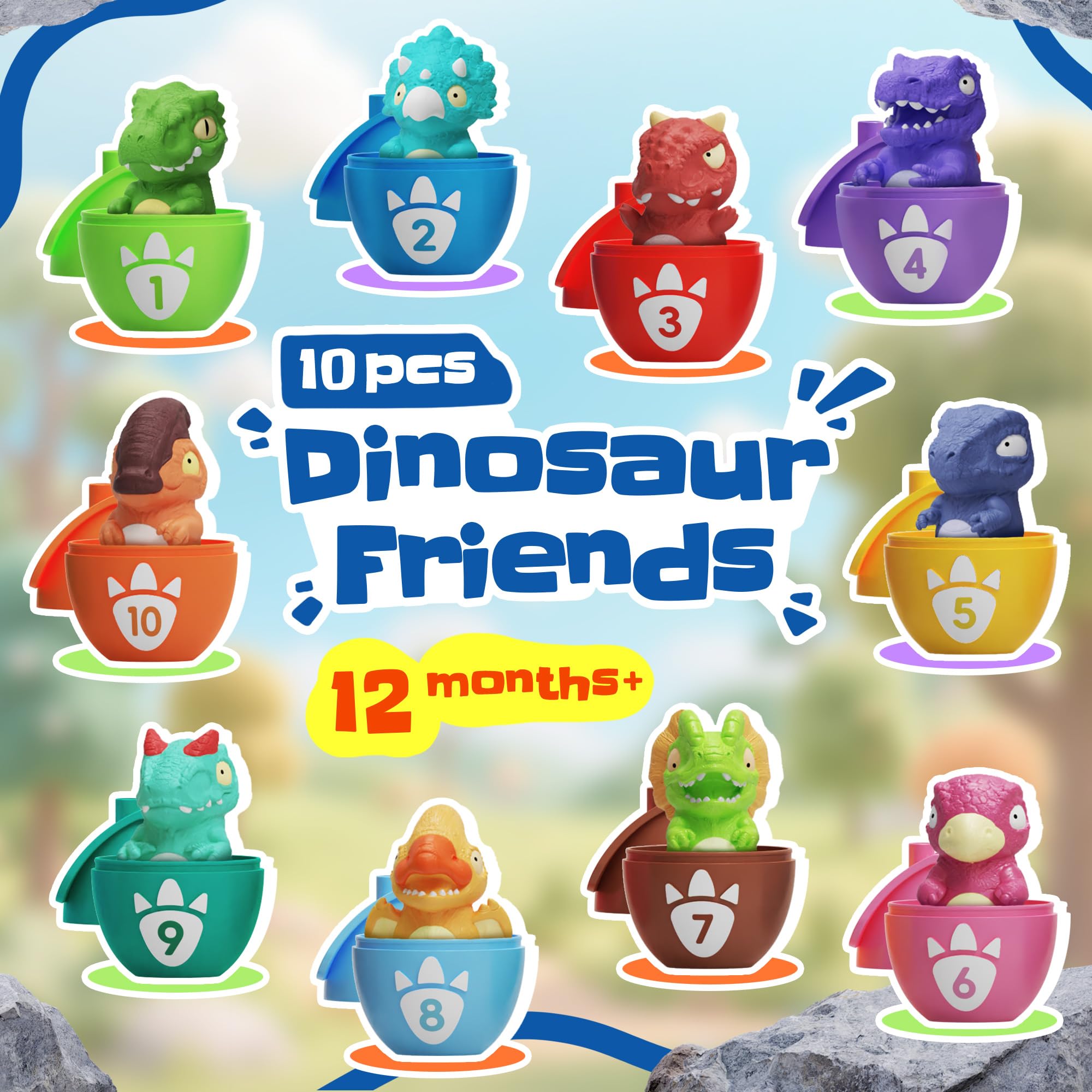 Zippytots ten dino figures with eggs for imaginative play and fine motor practice.