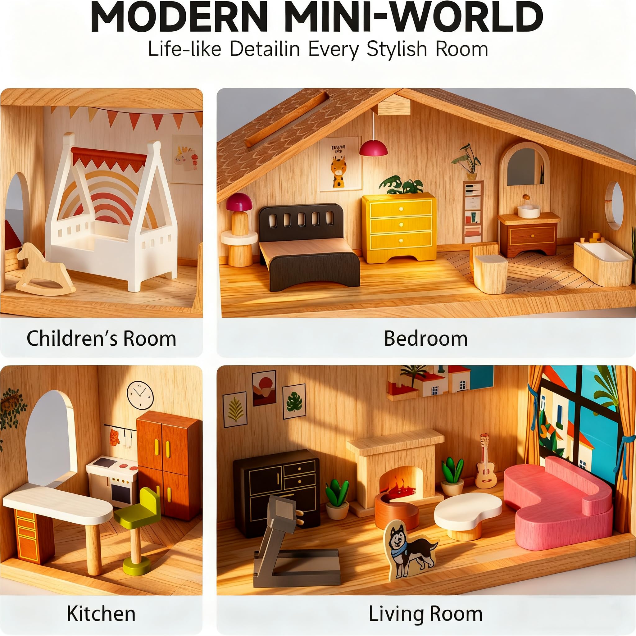 ZippyZebra 6-room modern family doll house supports cooperative play