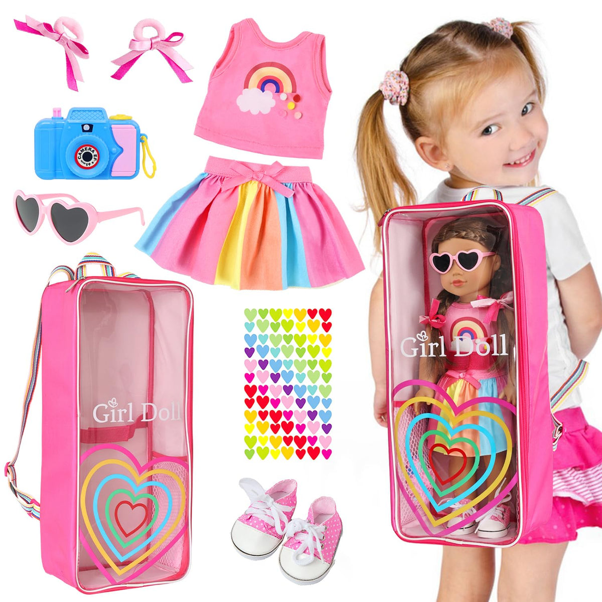 ZITA ELEMENT rainbow heart backpack for dolls, stylish carrier ideal for imaginative play.