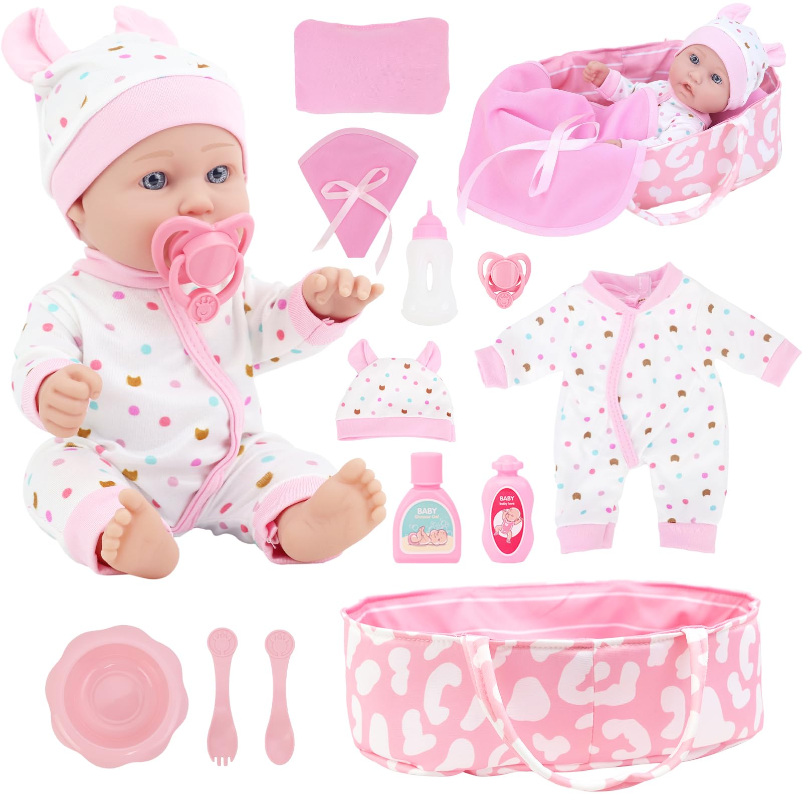 Zita Element 12-inch baby doll with sleeping basket, ideal for cozy pretend play