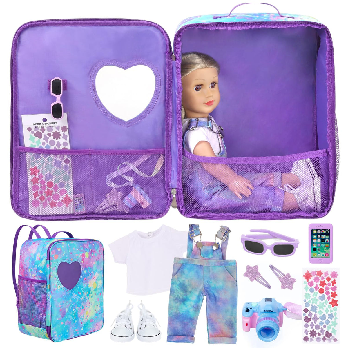 ZITA ELEMENT 18-inch doll carrier backpack in blue tie-dye for portable play.