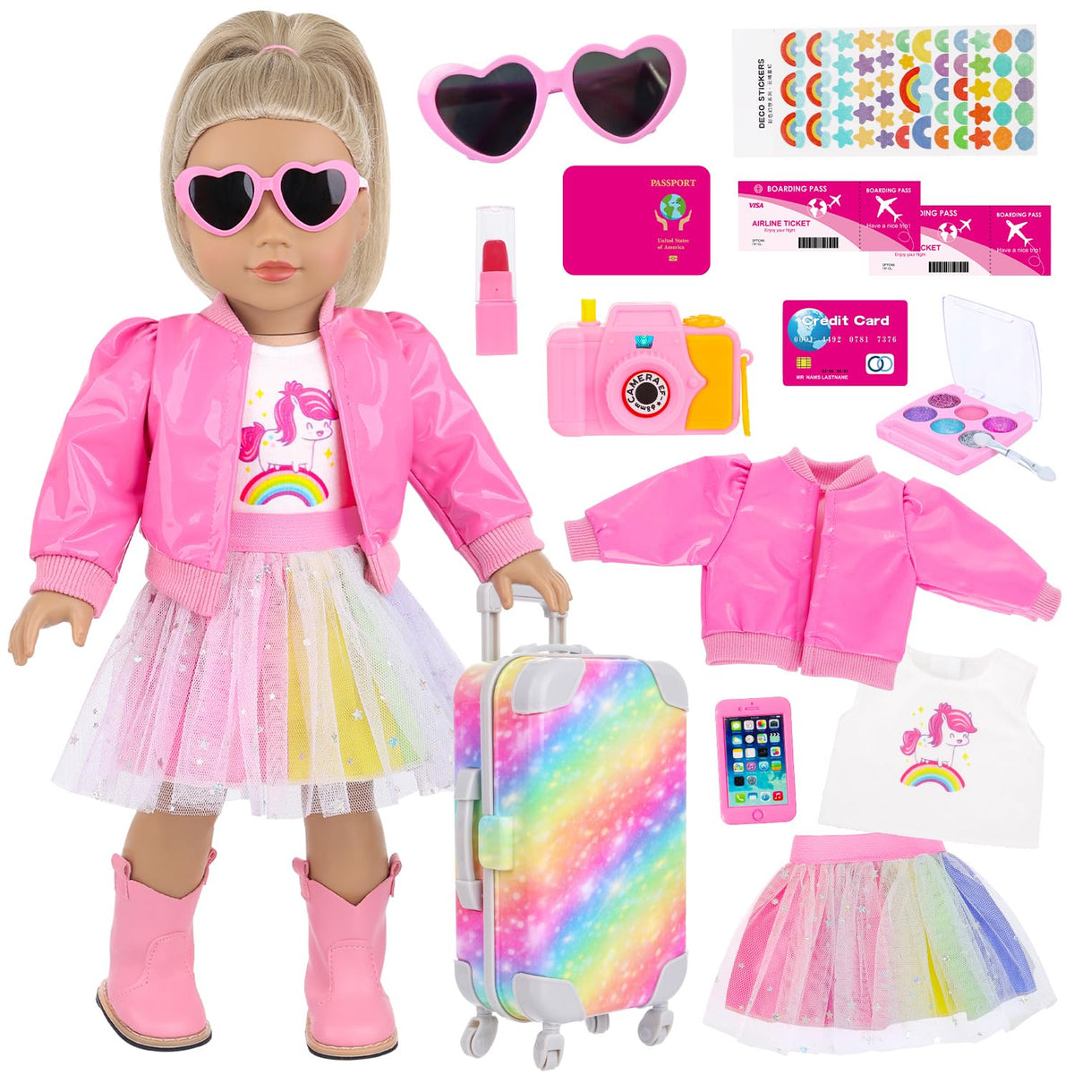 Zita Element rainbow suitcase for 18-inch dolls, ideal for imaginative travel play.