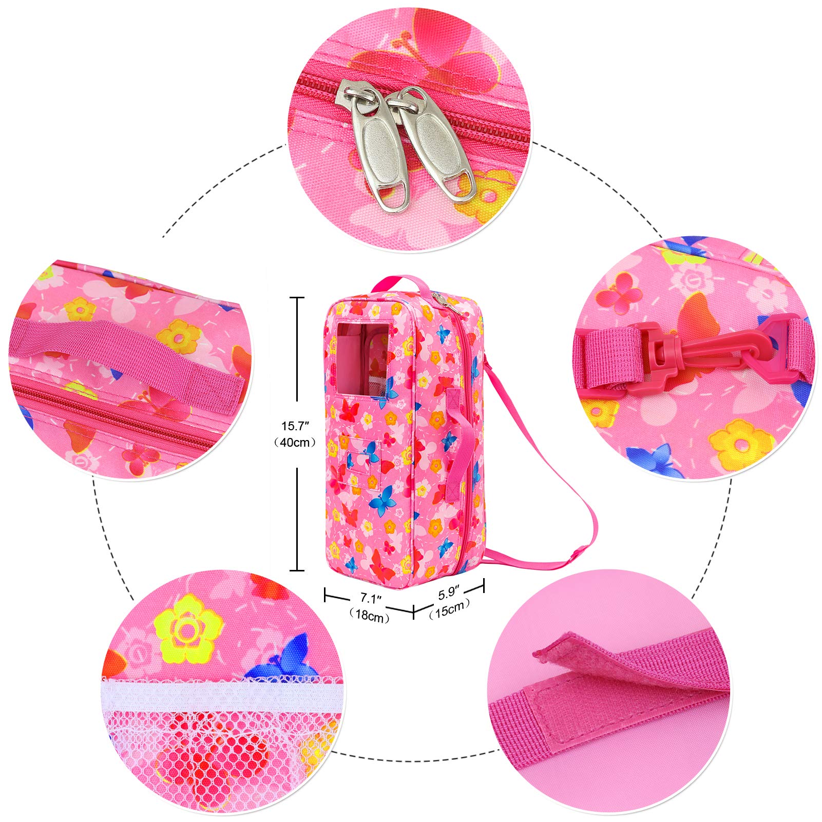 ZITA ELEMENT nylon exterior doll carrier with pink butterfly design