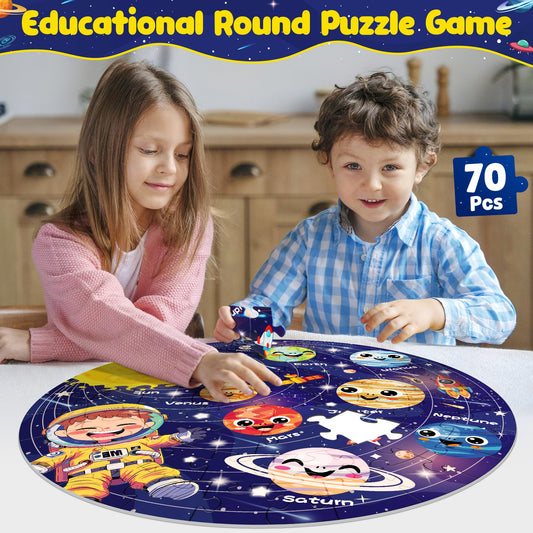 ZIZZ 70-piece round solar system puzzle aids early hand-eye coordination.