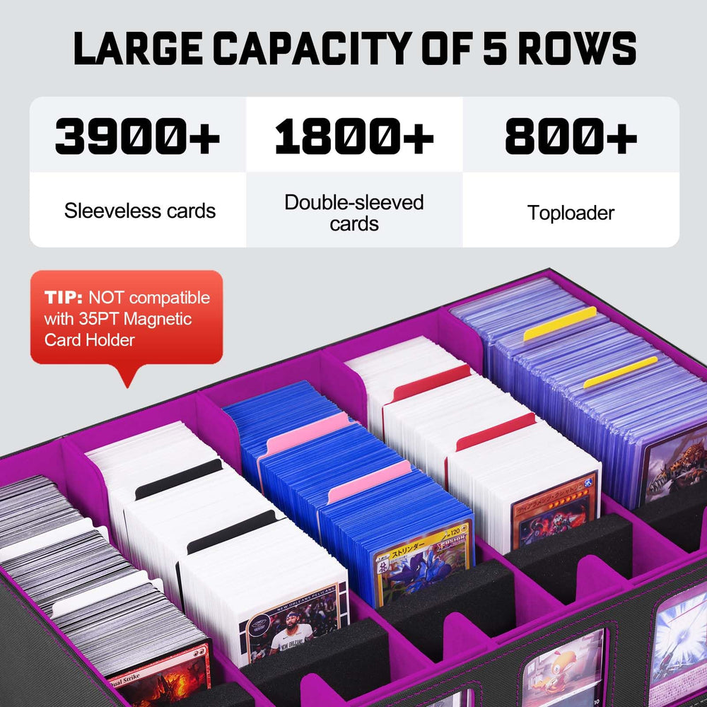 Capacity illustration shows it holds 3900+ unsleeved cards for organized collections.