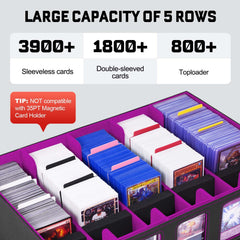 Capacity illustration shows it holds 3900+ unsleeved cards for organized collections.