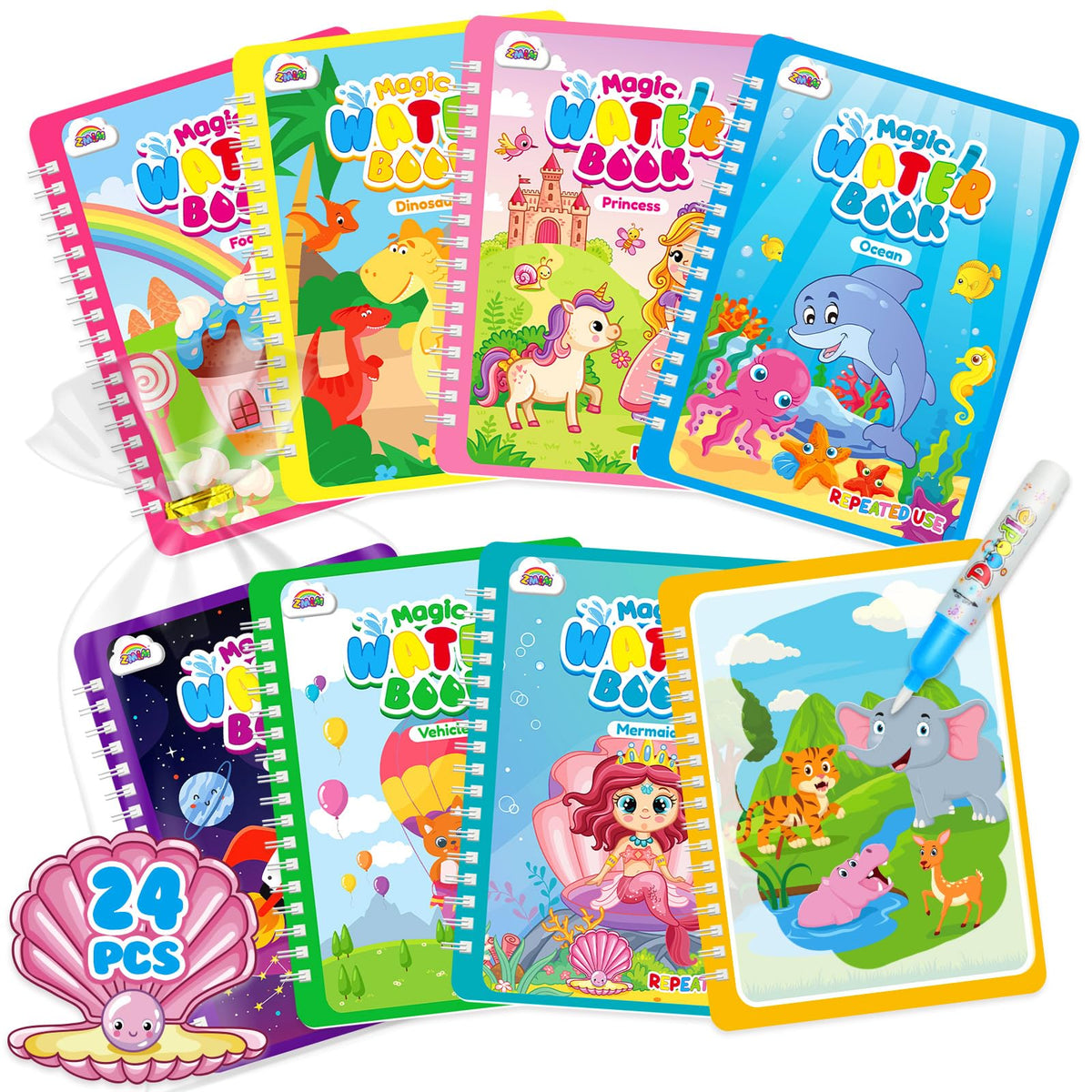 ZMLM 24-pack water coloring book cover showing kid-friendly, mess-free design for toddlers