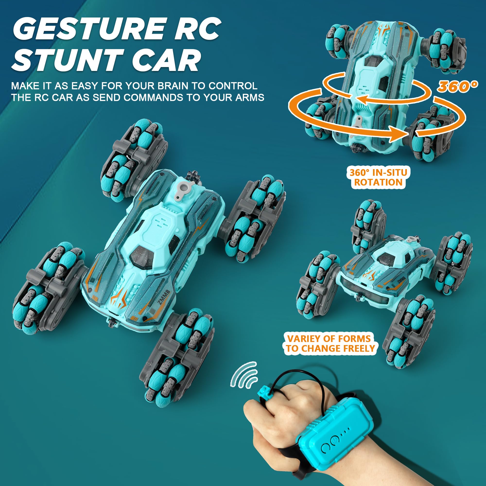 ZMMB RC stunt car with detachable tracks for extra traction on inclines.