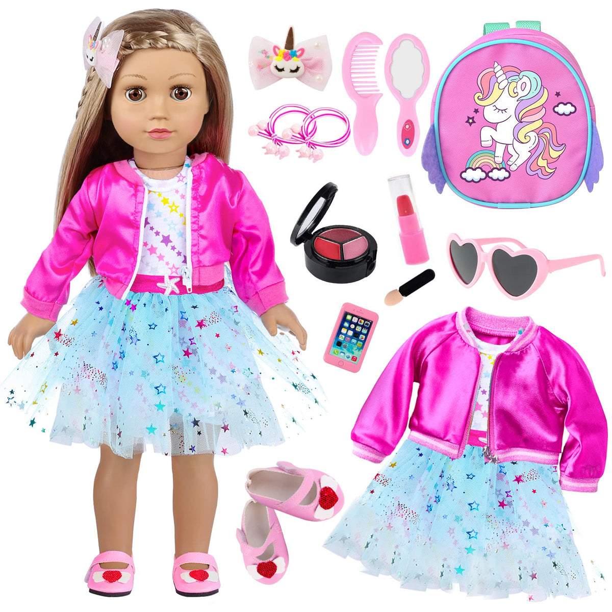 ZNTWEI American 18-inch doll accessory set displayed for imaginative play and easy organization.